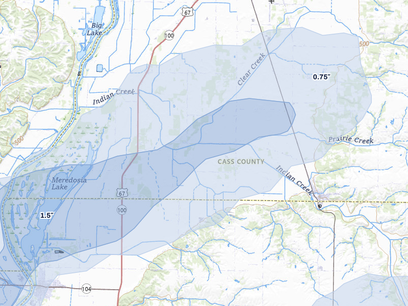 NEXRAD radar-signature map of the hail over Arenzville, IL