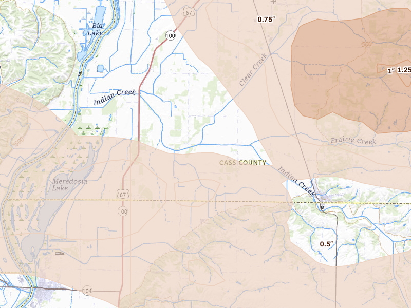 Radar-estimated hail-size map of the storm over Arenzville, IL on May 4, 2026