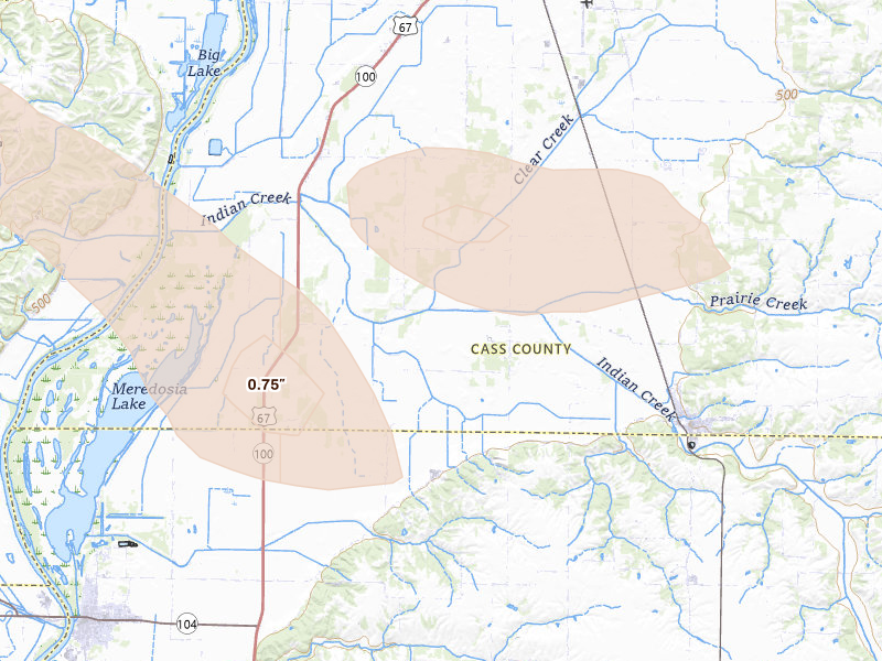 Radar-estimated hail-size map of the storm over Arenzville, IL on May 16, 2026