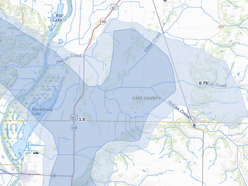 NEXRAD radar-signature map of the hail storm over Arenzville, IL on May 16, 2026