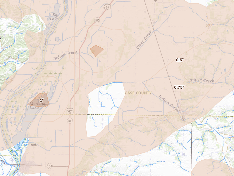 Radar-estimated hail-size map of the storm over Arenzville, IL on Jun 11, 2026