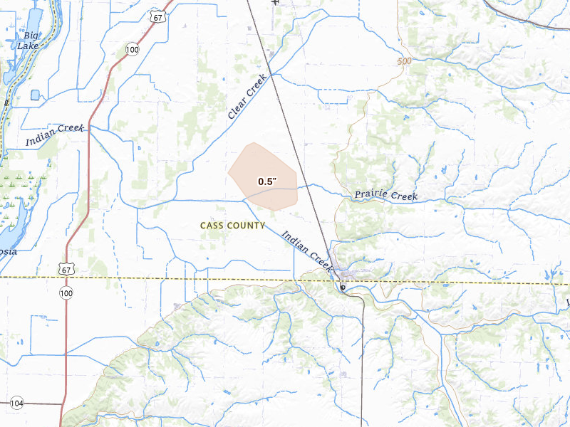 Radar-estimated hail-size map of the storm over Arenzville, IL on Aug 16, 2026