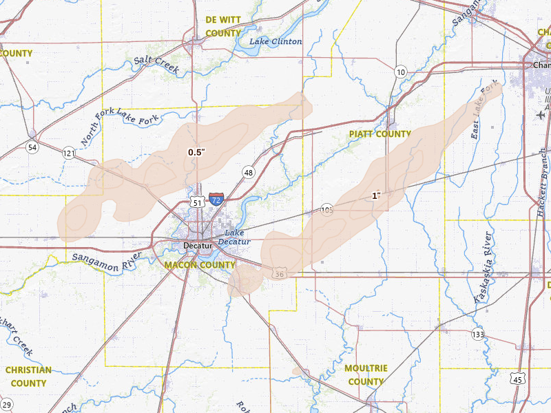 Radar-estimated hail-size map of the storm over Argenta, IL on Apr 27, 2026
