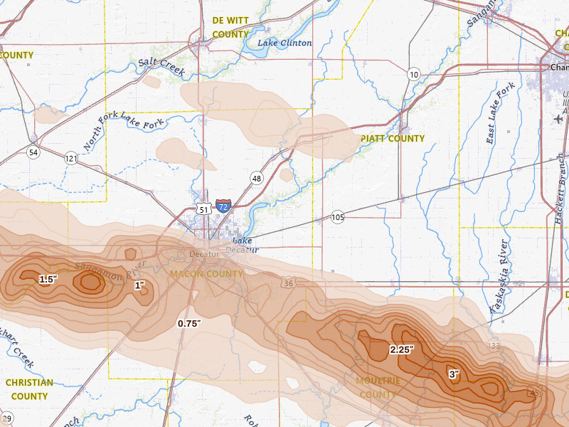 Radar-estimated hail-size map of the storm over Argenta, IL on Jun 17, 2026