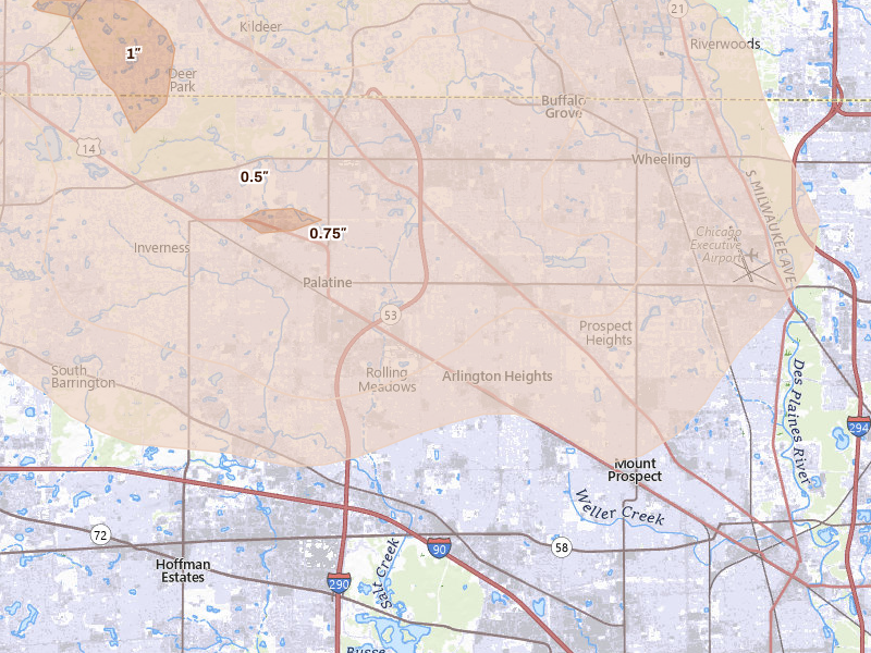 Radar-estimated hail-size map of the storm over Arlington Heights, IL