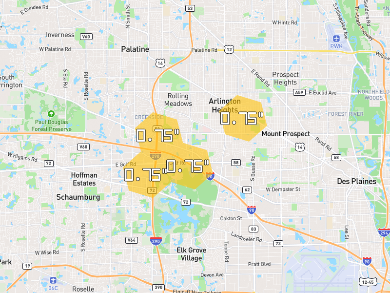 Hail map of Arlington Heights, IL on Jul 3, 2026, hail up to 0.75"