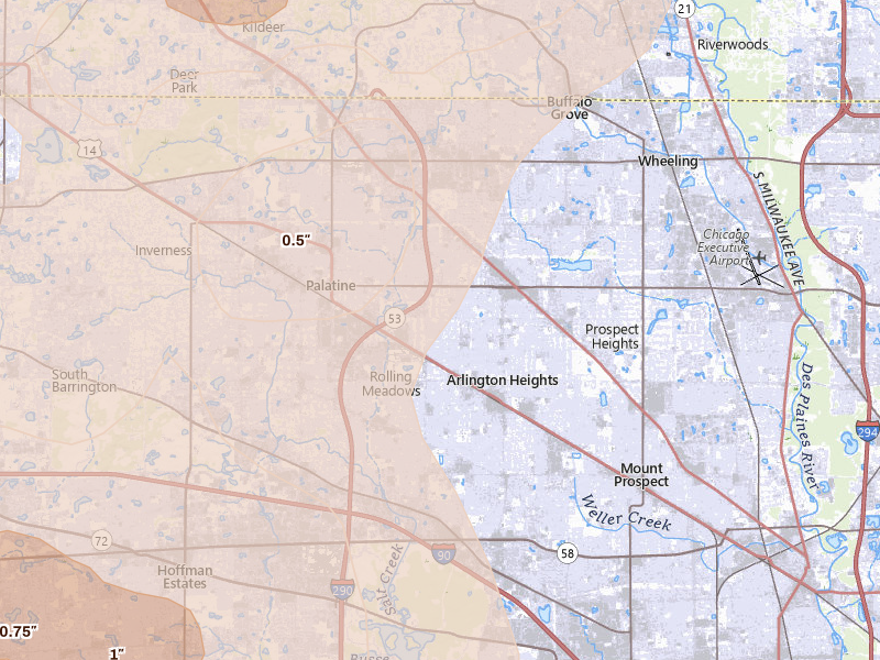 Radar-estimated hail-size map of the storm over Arlington Heights, IL on Aug 9, 2026
