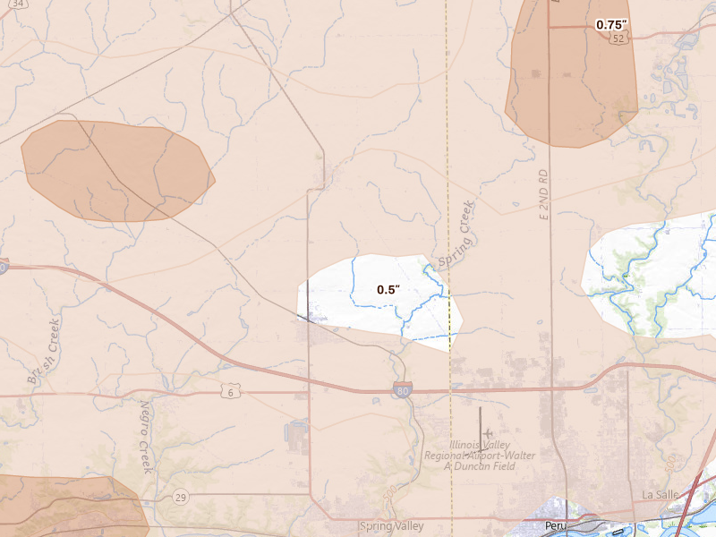 Radar-estimated hail-size map of the storm over Arlington, IL on Mar 10, 2026