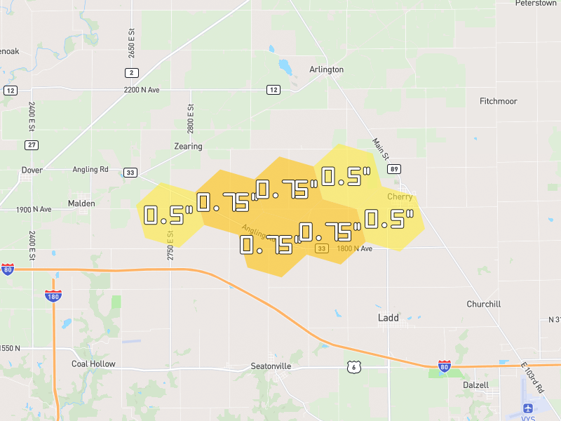 Hail map of Arlington, IL on Jul 3, 2026, hail up to 0.75"