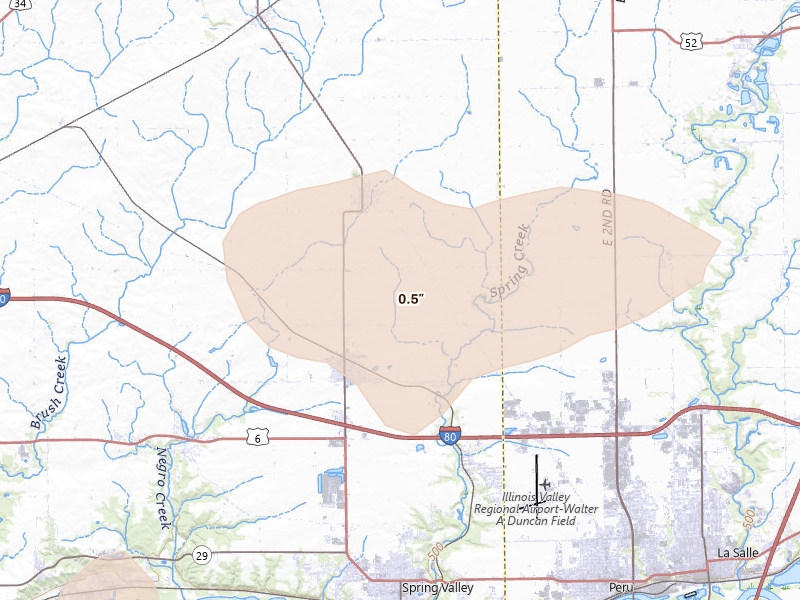 Radar-estimated hail-size map of the storm over Arlington, IL on Jul 4, 2026