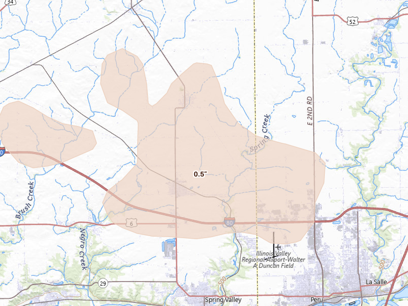 Radar-estimated hail-size map of the storm over Arlington, IL on Aug 12, 2026