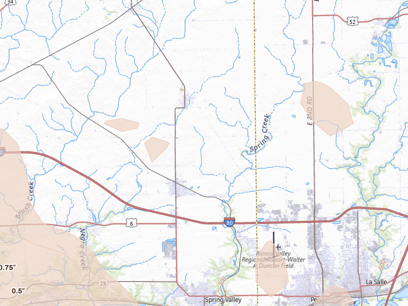 Radar-estimated hail-size map of the storm over Arlington, IL on Aug 21, 2026