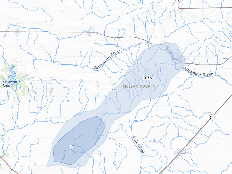NEXRAD radar-signature map of the hail over Arrowsmith, IL