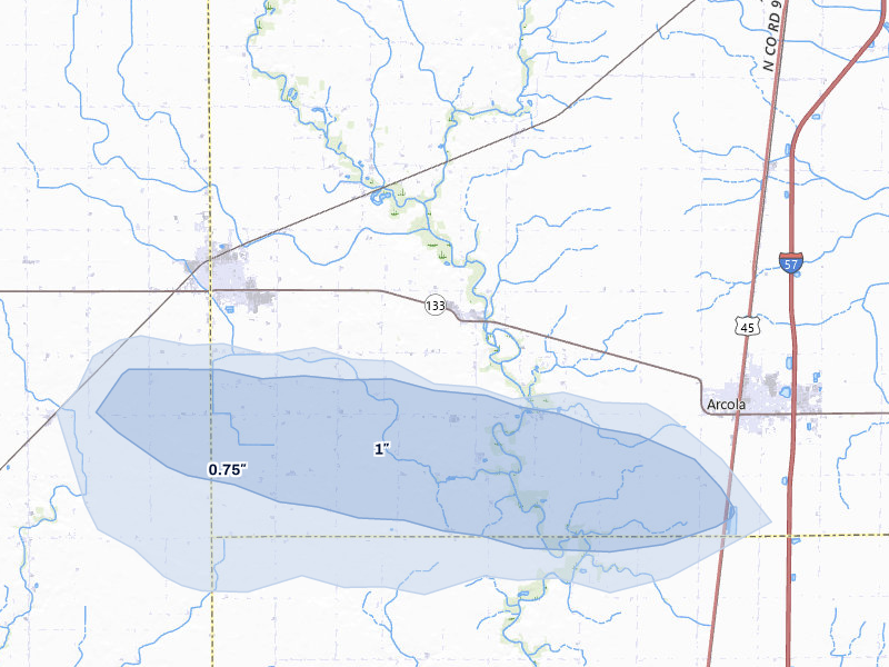NEXRAD radar-signature map of the hail over Arthur, IL