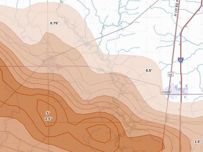 Radar-estimated hail-size map of the storm over Arthur, IL on Jun 17, 2026