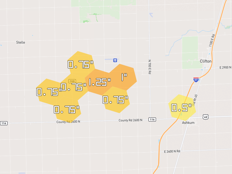 Hail map of Ashkum, IL on Jun 6, 2026, hail up to 1.25"