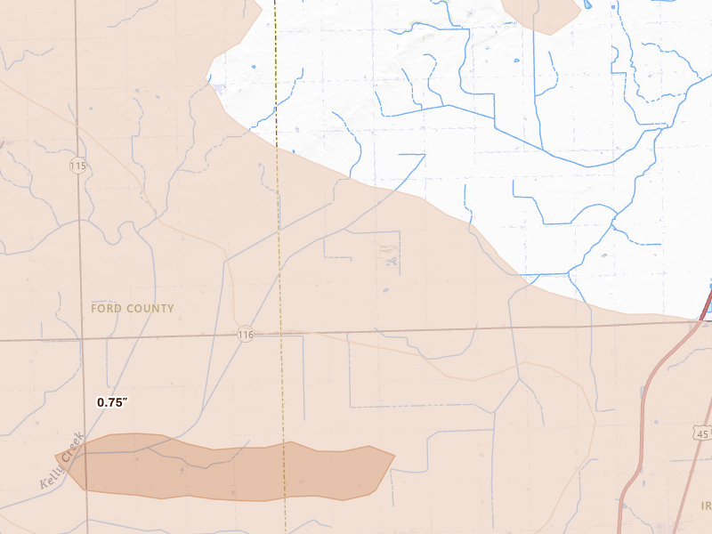Radar-estimated hail-size map of the storm over Ashkum, IL on Aug 9, 2026