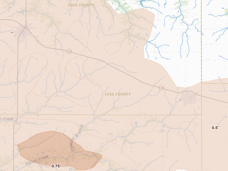 Radar-estimated hail-size map of the storm over Ashland, IL on May 4, 2026