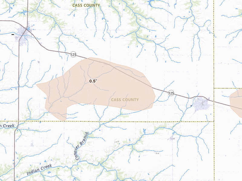 Radar-estimated hail-size map of the storm over Ashland, IL on May 16, 2026