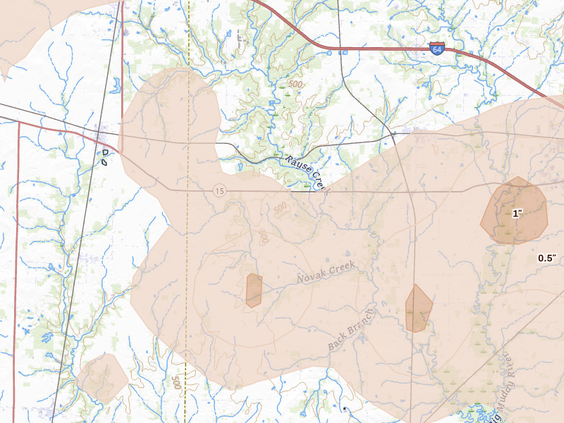 Radar-estimated hail-size map of the storm over Ashley, IL on Apr 27, 2026