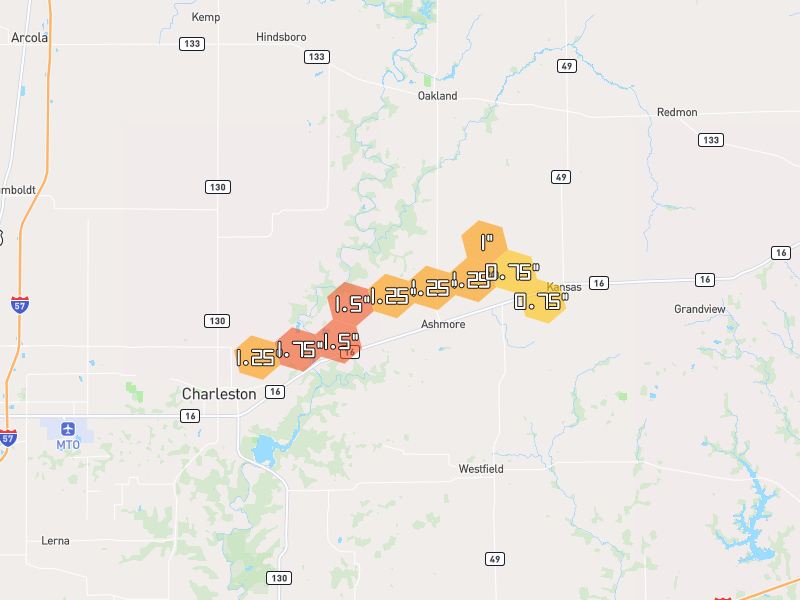 Hail map of Ashmore, IL on Jun 9, 2026, hail up to 1.75"