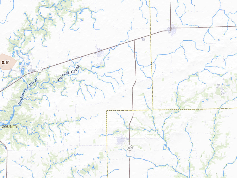 Radar-estimated hail-size map of the storm over Ashmore, IL on Jun 16, 2026