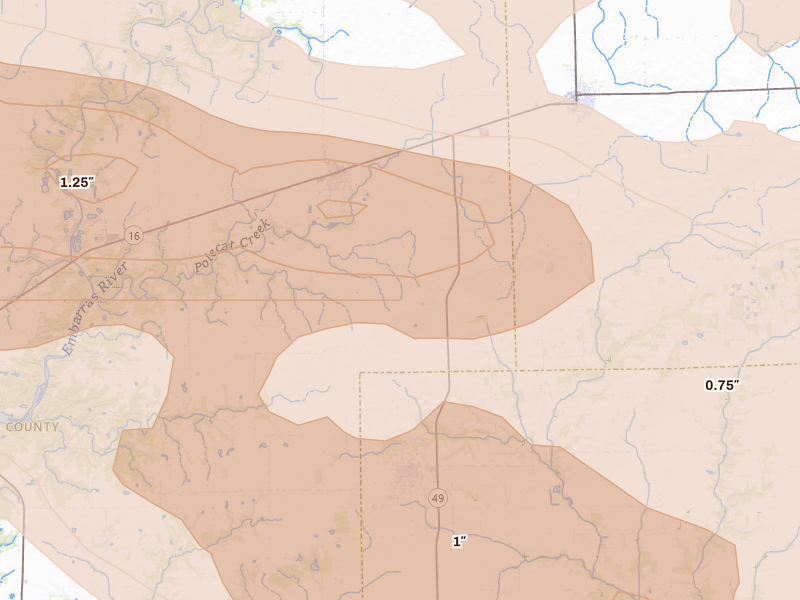 Radar-estimated hail-size map of the storm over Ashmore, IL on Jun 17, 2026