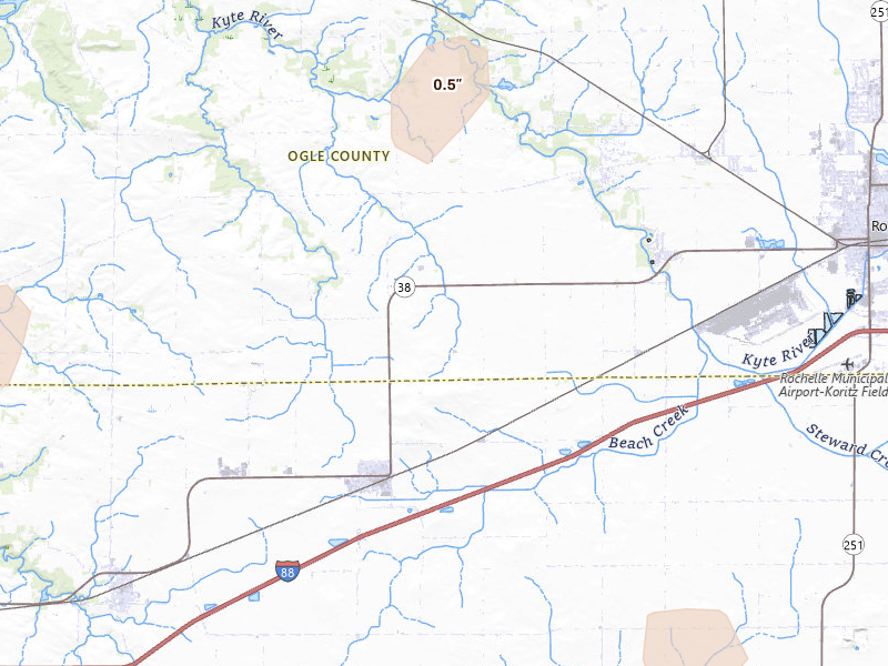 Radar-estimated hail-size map of the storm over Ashton, IL on Jul 3, 2026