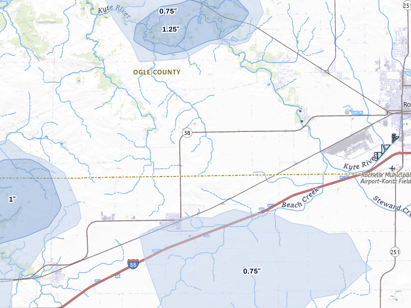 NEXRAD radar-signature map of the hail storm over Ashton, IL on Jul 3, 2026