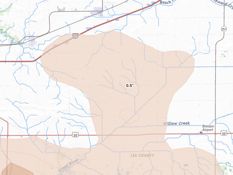 Radar-estimated hail-size map of the storm over Ashton, IL on Aug 9, 2026