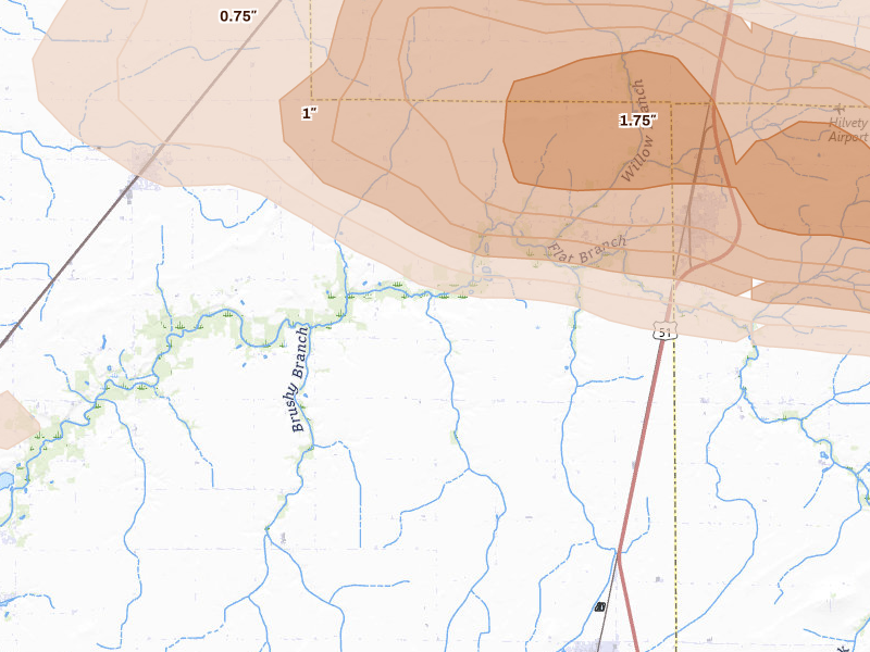 Radar-estimated hail-size map of the storm over Assumption, IL on Mar 26, 2026