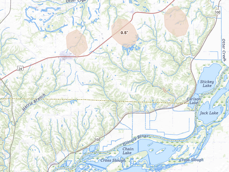 Radar-estimated hail-size map of the storm over Astoria, IL on Mar 31, 2026