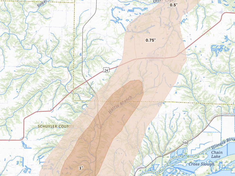 Radar-estimated hail-size map of the storm over Astoria, IL on Apr 17, 2026