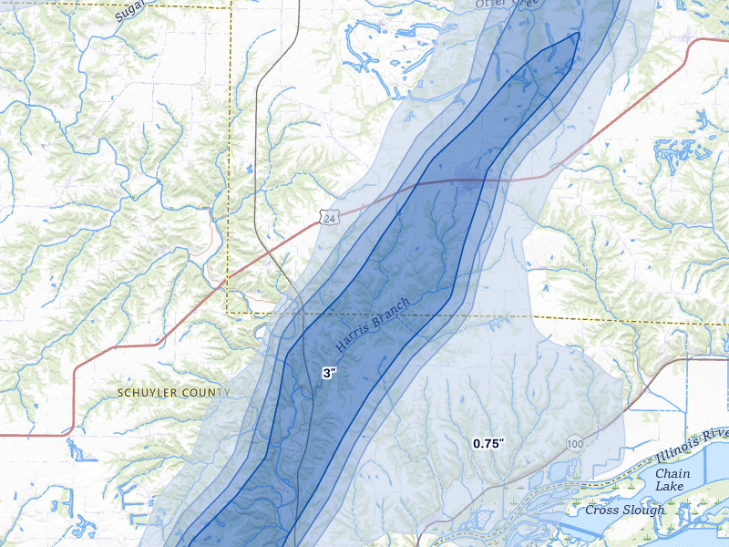 NEXRAD radar-signature map of the hail over Astoria, IL