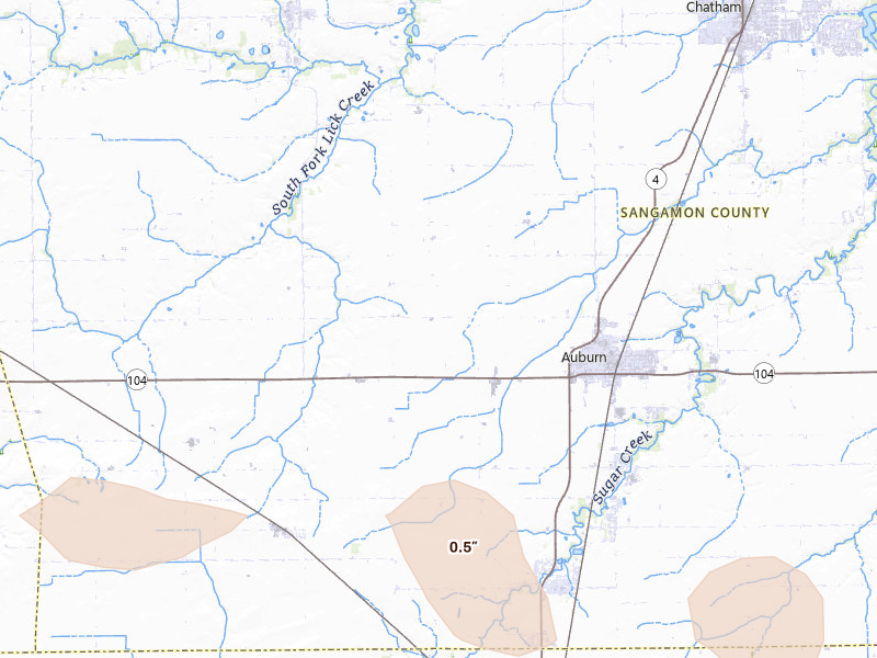 Radar-estimated hail-size map of the storm over Auburn, IL on Mar 26, 2026