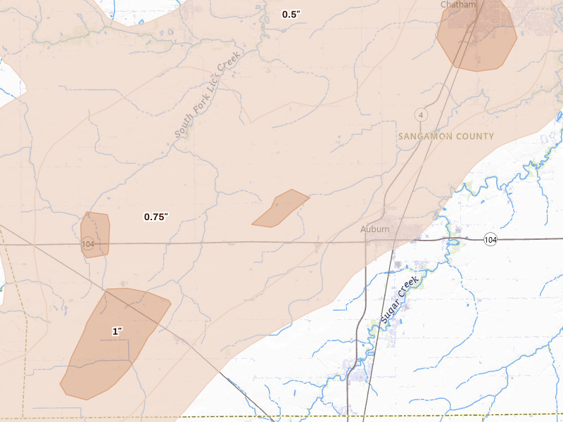 Radar-estimated hail-size map of the storm over Auburn, IL on Apr 27, 2026
