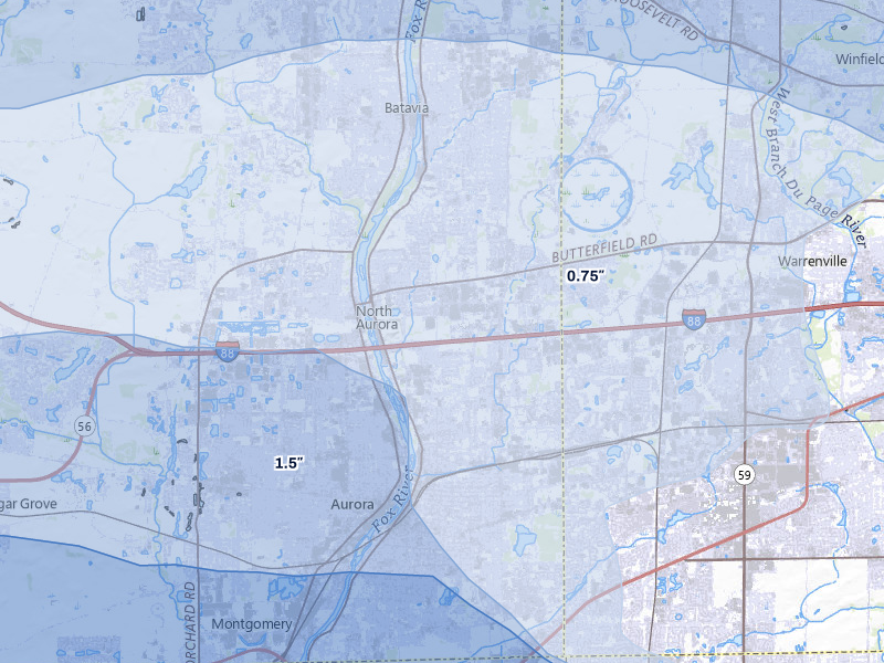 NEXRAD radar-signature map of the hail storm over Aurora, IL on Mar 30, 2026