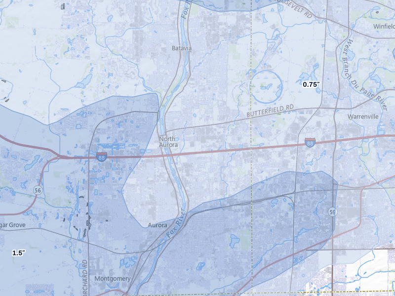 NEXRAD radar-signature map of the hail over Aurora, IL