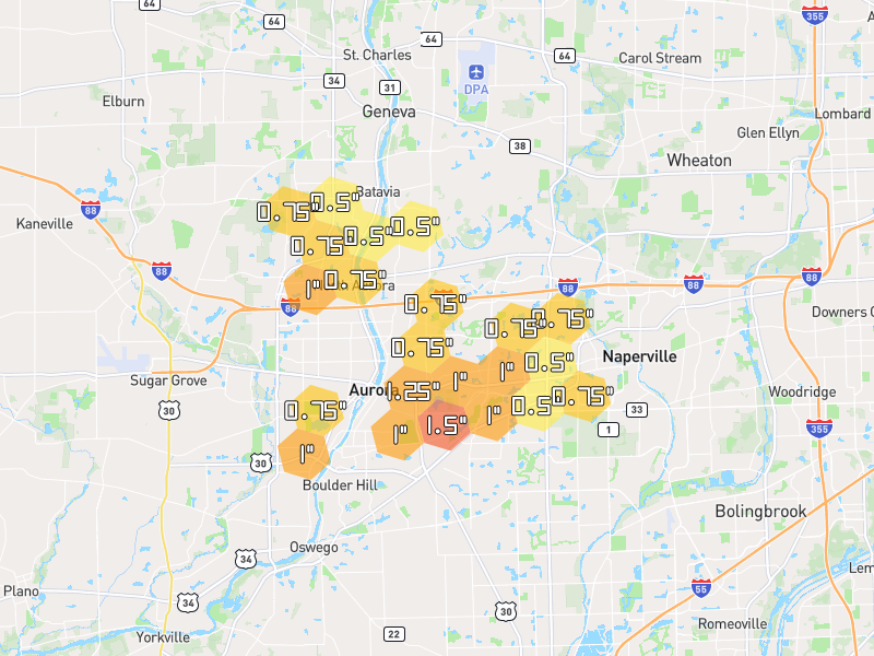 Hail map of Aurora, IL on Jul 3, 2026, hail up to 1.5"