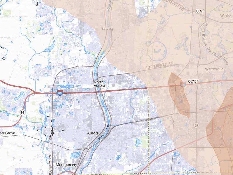 Radar-estimated hail-size map of the storm over Aurora, IL on Jul 27, 2026