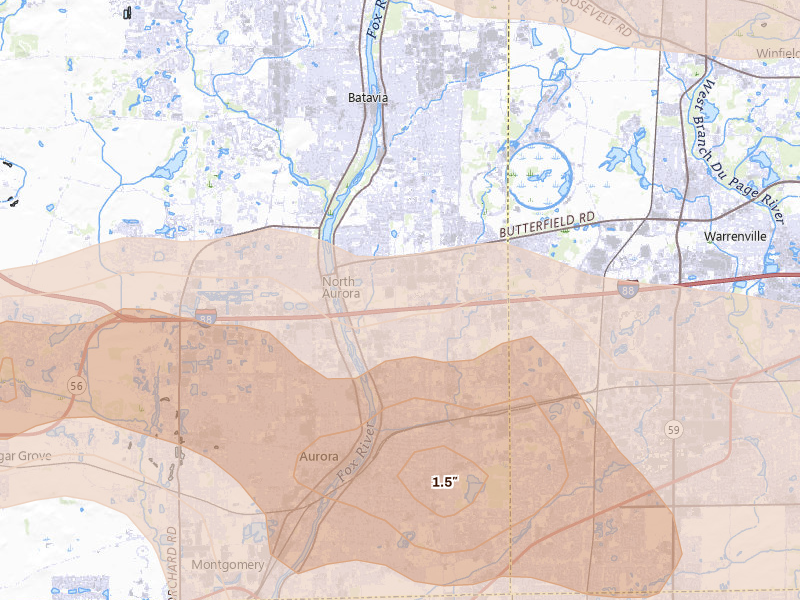 Radar-estimated hail-size map of the storm over Aurora, IL on Aug 9, 2026