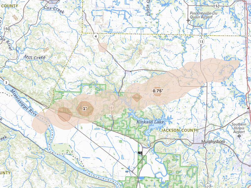 Radar-estimated hail-size map of the storm over Ava, IL on Apr 26, 2026