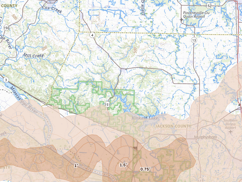 Radar-estimated hail-size map of the storm over Ava, IL on Apr 27, 2026