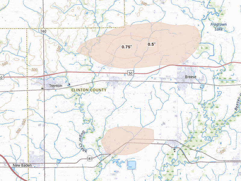 Radar-estimated hail-size map of the storm over Aviston, IL on May 16, 2026