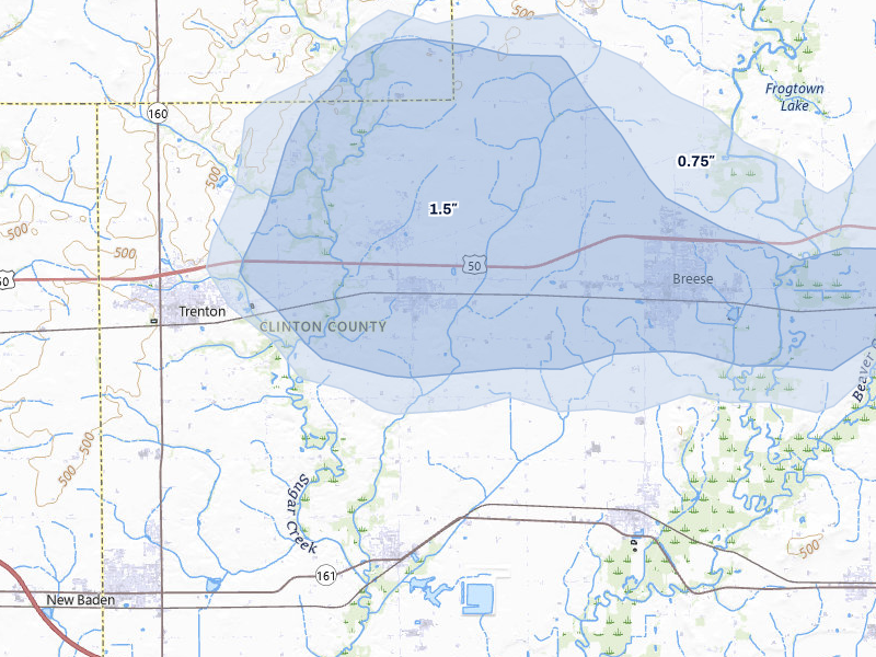 NEXRAD radar-signature map of the hail storm over Aviston, IL on May 16, 2026