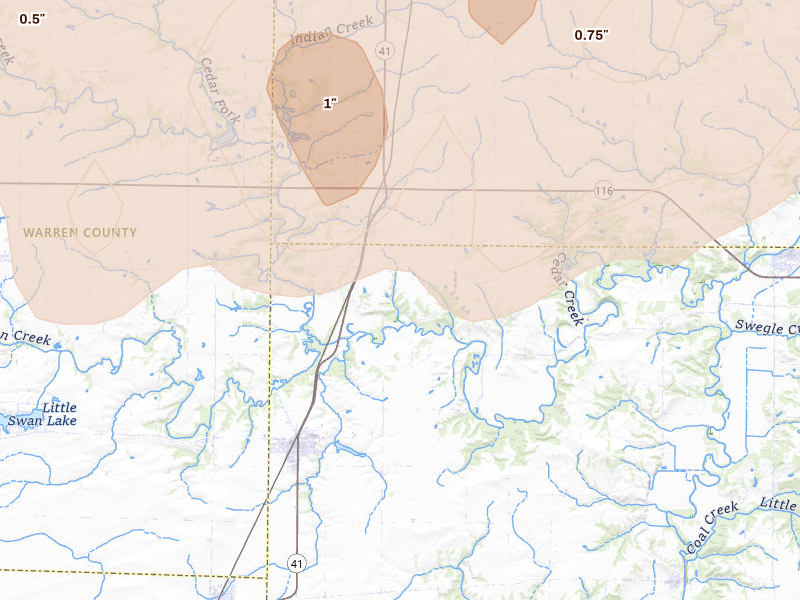 Radar-estimated hail-size map of the storm over Avon, IL on Jun 11, 2026