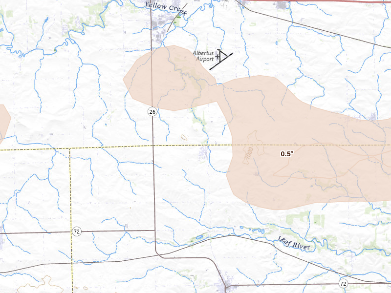 Radar-estimated hail-size map of the storm over Baileyville, IL on Jul 3, 2026