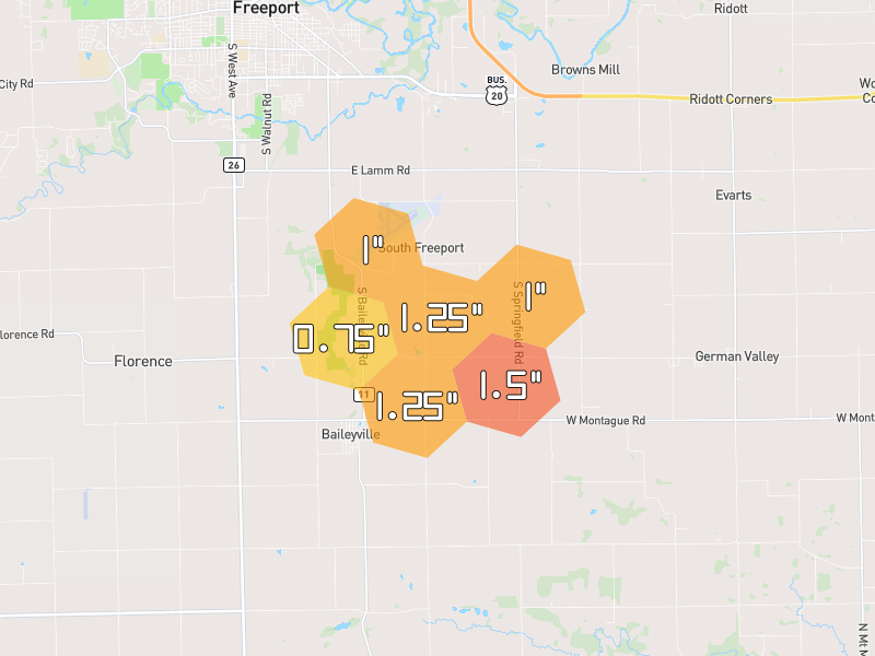 Hail map of Baileyville, IL on Jul 3, 2026, hail up to 1.5"