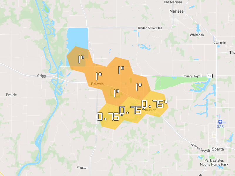 Hail map of Baldwin, IL on Jul 10, 2026, hail up to 1"