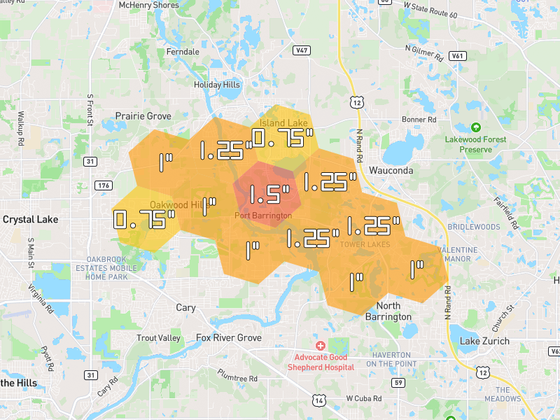 Hail map of Barrington, IL on Jun 6, 2026, hail up to 1.5"